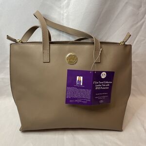 Joy Mangano Elite Travel Collection Leather Tan Tote RFID Bag Purse